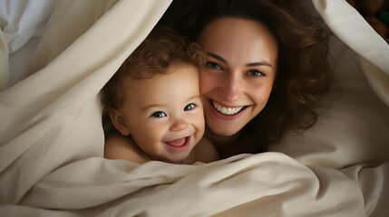 Happy family. Mother and baby playing and smiling under a blanket, generative ai