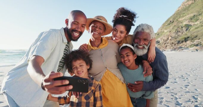 Love, selfie and happy big family at a beach for travel, adventure or bond in nature together. Freedom, phone and kids with grandparents, parents and app at the ocean for vacation profile picture