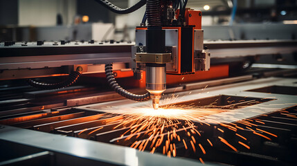 Industrial laser cutting processing manufacture technology of flat sheet metal steel material with sparks, generative ai