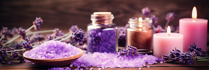 Lavender spa aromatherapy. Banner with flower salt, candles and freshly picked lavender flowers. Beauty salon composition, Header template, invitation card, generative ai