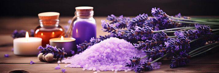 Lavender spa aromatherapy. Banner with flower salt, candles and freshly picked lavender flowers. Beauty salon composition, Header template, invitation card, generative ai - obrazy, fototapety, plakaty