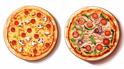 different pizzas set on a bright background.