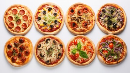 Fototapeta na wymiar different pizzas set on a bright background.