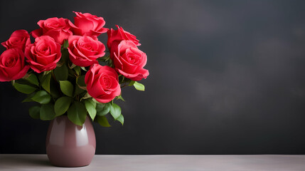 Fototapeta premium Lovely pastel red rose bunch, floral border against dark background, top view. Layout for springtime holidays. Mother's day greeting card. Generative ai.