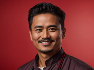 Obraz premium Portrait of a smiling asiatic male chef isolated on solid red background. Generated by A