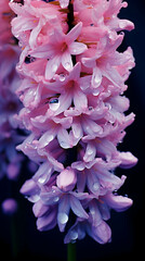 Blooming spring hyacinths flowers plant with rain drops in magical garden, seasonal background, generative ai