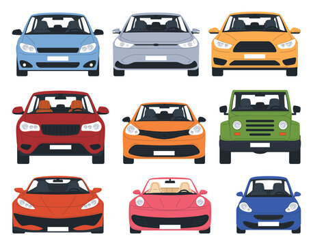 Car front view. Various vehicles view from the hood. Passenger cars, off-road and sports cars. Vector illustration