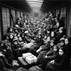 Black and white image of a crowded vintage train car with people refugees fleeing during the Second World War. - obrazy, fototapety, plakaty