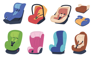 Child car seat. Safety of children traveling by car. Different types of car seats for different age groups. A safe seat for a child in a car. Vector illustration