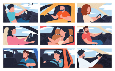 Drivers drive the vehicle. People in the car interior. Modern comfortable car interior with a dashboard and driver seats. Vector illustration