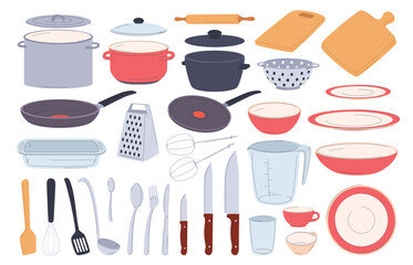 A set of kitchen utensils. Kitchen utensils for cooking. Kitchen accessories and dishes. Vector illustration