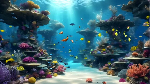 Enchanting Underwater Oasis, A Futuristic Coral Reef Symphony. Seamless looping 4K time-lapse virtual video animation background.