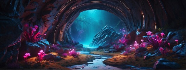 Wide angle shot of a cave with a stream of water and bioluminescent plants in it. Fantastic night extraterrestrial landscape.