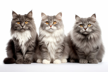 a group of seated cats, showcasing a variety of breeds against a pristine white backdrop. This heartwarming scene celebrates the unique charm each cat brings to the feline family. Generative AI.