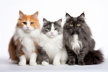 a group of seated cats, showcasing a variety of breeds against a pristine white backdrop. This heartwarming scene celebrates the unique charm each cat brings to the feline family. Generative AI.