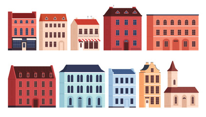Facades of buildings in the old city. Urban architecture, house exterior. Classic European houses. City buildings. Vector illustration