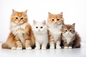 a group of seated cats, showcasing a variety of breeds against a pristine white backdrop. This heartwarming scene celebrates the unique charm each cat brings to the feline family. Generative AI.