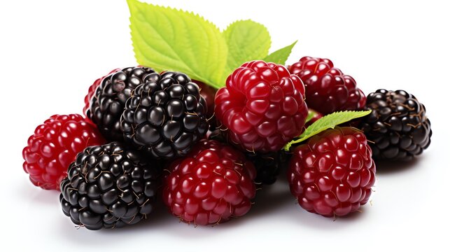a group of raspberries and blackberries with leaves