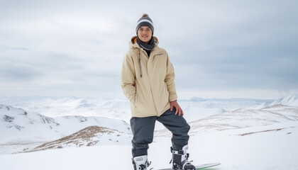Fototapeta na wymiar jeune homme en tenue de surf sur les pistes de ski dans une station de sport d'hiver