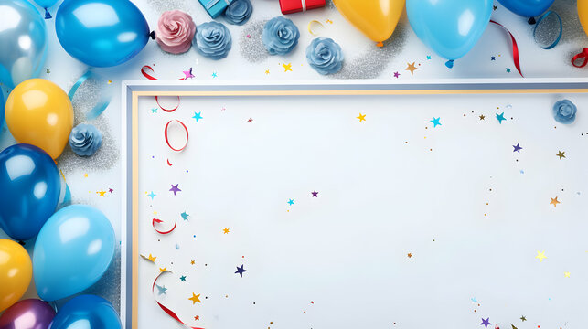 Party or birthday background. Silver frame with colorful balloon, gift box, carnival cap, confetti, candy and streamer on vintage blue table top view. Flat lay style. Holiday mockup. Generative AI.