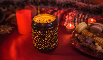 Magic Christmas time illustration. Decoration of warm elements, New Year Candles at home