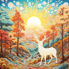 a white deer in a forest with colorful trees and sun