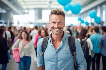 Portrait of a content man in his 40s sporting a versatile denim shirt against a busy airport terminal. AI Generation