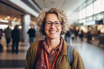 Portrait of a cheerful woman in her 50s dressed in a relaxed flannel shirt against a busy airport...