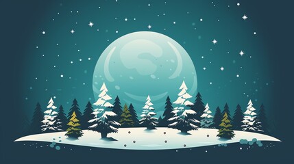 a snow covered trees and a large moon