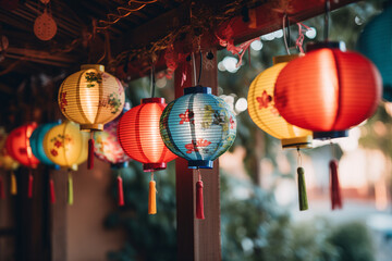 Chinese New Year street scene, Chinese New Year celebration. Chinese paper lanterns, Chinatown...
