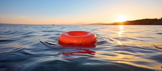 Orange lifebuoy floating in the sea at sunset. Summer vacation concept - obrazy, fototapety, plakaty