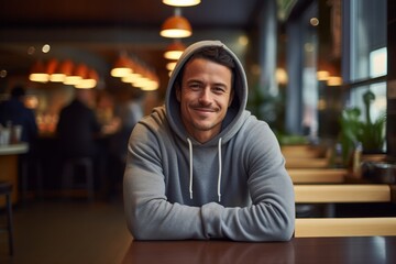 Fototapeta premium Portrait of a jovial man in his 30s sporting a comfortable hoodie against a bustling city cafe. AI Generation
