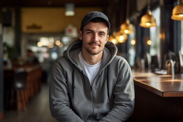 Portrait of a jovial man in his 30s sporting a comfortable hoodie against a bustling city cafe. AI Generation