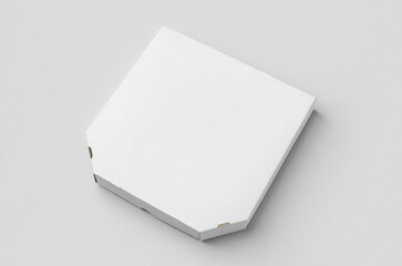 White pizza box mockup on a grey background.