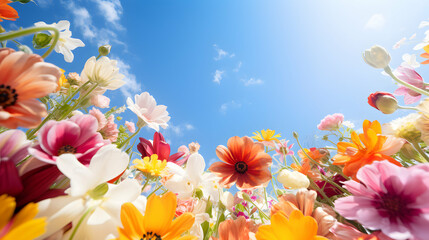 Fototapeta na wymiar Beautiful vibrant spring flowers, macro view looking up towards sunny blue sky, seasonal background, generative ai