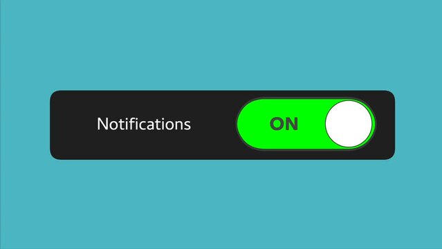 Animated switch turning notifications on and off. On off switch slider animation on green background.