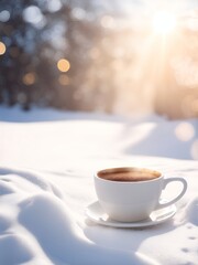 Cup of hot coffee on the snow. AI generated illustration