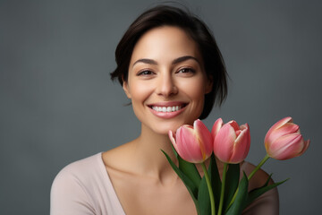 Closeup portrait of happy woman holding tulip flowers for 8 march international woman day
