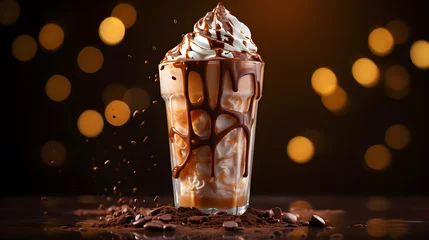 Küchenrückwand glas motiv Chocolate dessert, cold milkshake splash on dark studio background. Explosion of flavor. White cream on the top. Dessert poster idea. Generative AI. © pawczar