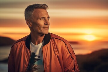 Portrait of a tender man in his 50s sporting a stylish varsity jacket against a beautiful beach...