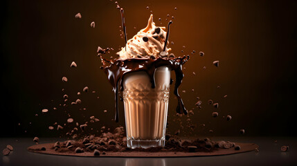 Chocolate dessert, cold milkshake splash on dark studio background. Explosion of flavor. White cream on the top. Dessert poster idea. Generative AI.