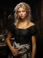 Portrait of a beautiful serious looking young blonde woman wearing a black blouse at home.