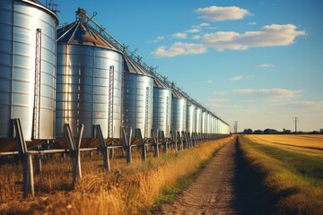 Silos and grain tanks in a wheat field  . Storage of agricultural production - obrazy, fototapety, plakaty