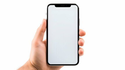 Hand holding smart phone with mockup blank screen on white background, isolated, generative ai