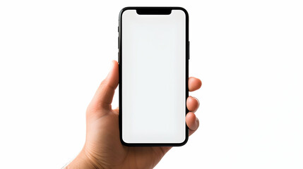 Hand holding smart phone with mockup blank screen on white background, isolated, generative ai