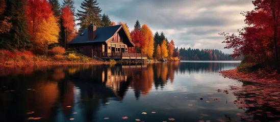 Foto op Canvas Autumn landscape with a wooden house on the shore of the lake. © Sariyono