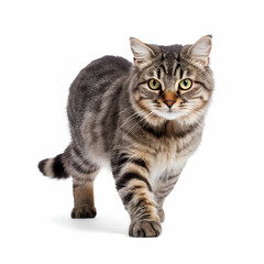 Domestic cat walking on white isolated background. He looks straight ahead. Generative ai.
