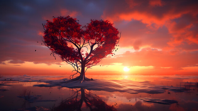 Red heart shaped tree at sunset, valentine's day template banner, seasonal wallpaper, generative ai