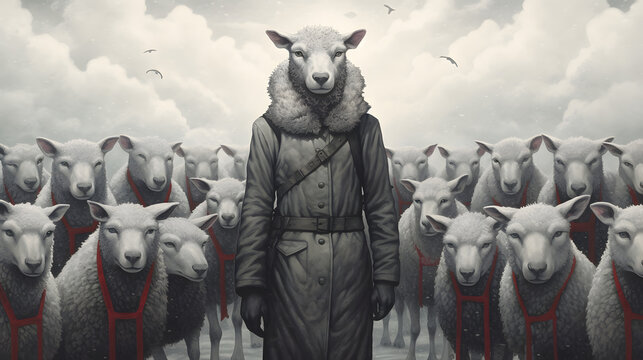 Conceptual image of a sheep in a coat leading a flock. Leadership and uniqueness concept. Digital art for posters and metaphorical themes