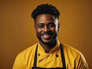 Portrait of a smiling black male chef isolated on solid yellow background. Generated by AI